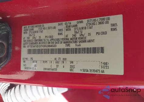 2016 Ford F-150 Xlt из США, поврежденный, VIN 1FTEW1EG2GKD84023